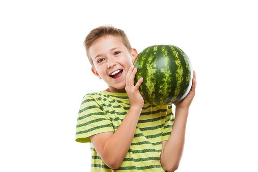 Handsome smiling child boy hand holding green ripe watermelon fruit food white isolated