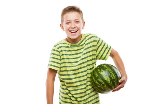 Handsome smiling child boy hand holding green ripe watermelon fruit food white isolated