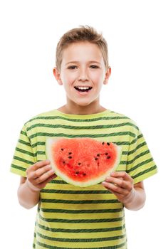 Handsome smiling child boy hand holding red ripe watermelon fruit food slice white isolated