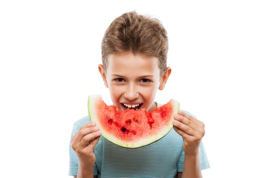 Handsome smiling child boy hand holding red ripe watermelon fruit food slice white isolated