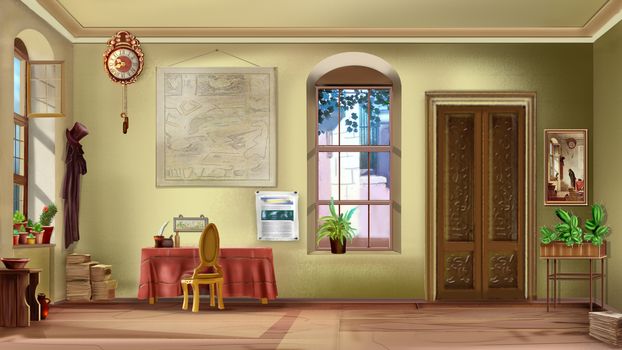 Interior of an empty vintage room on a sunny day. Digital Painting Background, Illustration in cartoon style character.
