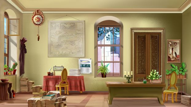 Interior of a vintage room with antique furniture on a sunny day. Digital Painting Background, Illustration in cartoon style character.