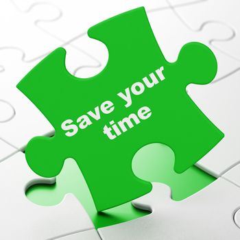 Time concept: Save Your Time on Green puzzle pieces background, 3D rendering