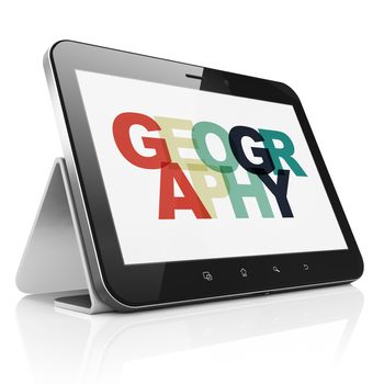 Education concept: Tablet Computer with Painted multicolor text Geography on display, 3D rendering