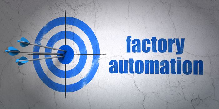 Success Industry concept: arrows hitting the center of target, Blue Factory Automation on wall background, 3D rendering