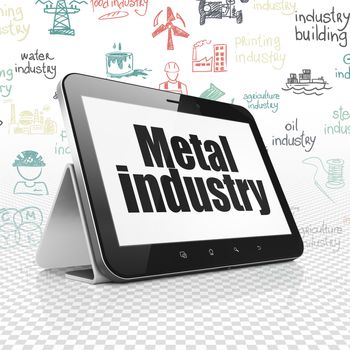 Manufacuring concept: Tablet Computer with  black text Metal Industry on display,  Hand Drawn Industry Icons background, 3D rendering