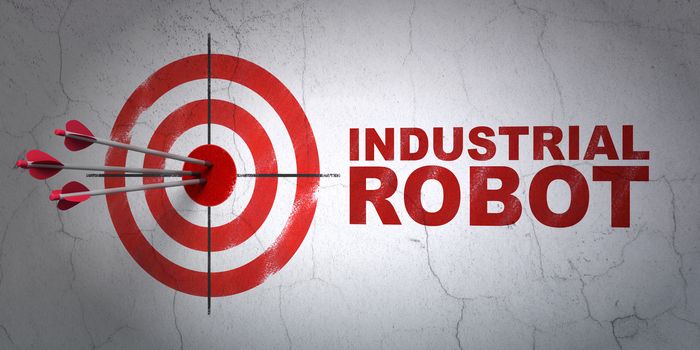 Success Manufacuring concept: arrows hitting the center of target, Red Industrial Robot on wall background, 3D rendering