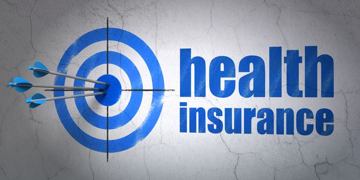 Success Insurance concept: arrows hitting the center of target, Blue Health Insurance on wall background, 3D rendering