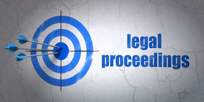 Success law concept: arrows hitting the center of target, Blue Legal Proceedings on wall background, 3D rendering