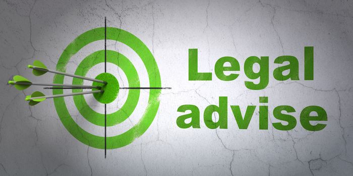 Success law concept: arrows hitting the center of target, Green Legal Advise on wall background, 3D rendering