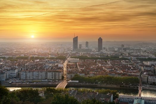 VIew of the city of Lyon from the hill La Fourviere. Old city and New city is on this picture. Cityscape of Lyon, France, from la Fourviere