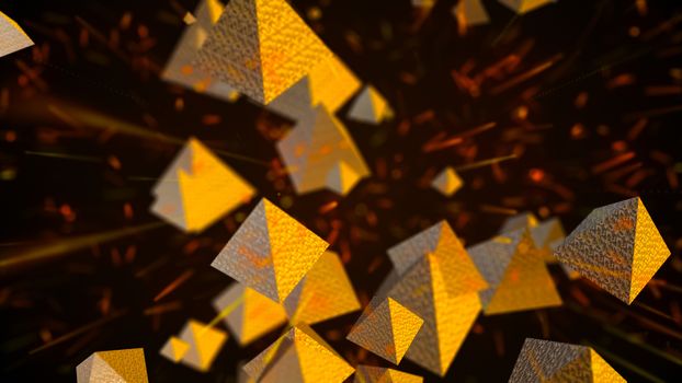 Abstract background with golden pyramids. Digital backdrop. 3d rendering