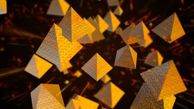 Abstract background with golden pyramids. Digital backdrop. 3d rendering