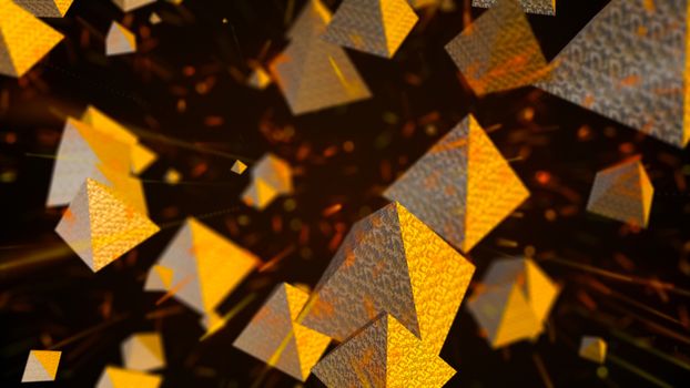 Abstract background with golden pyramids. Digital backdrop. 3d rendering