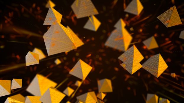 Abstract background with golden pyramids. Digital backdrop. 3d rendering