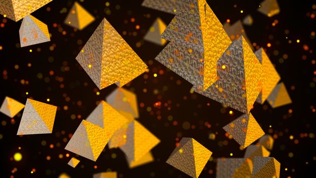 Abstract background with golden pyramids. Digital backdrop. 3d rendering