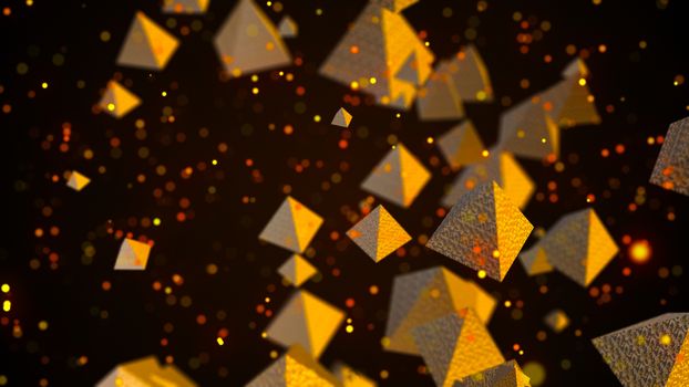 Abstract background with golden pyramids. Digital backdrop. 3d rendering