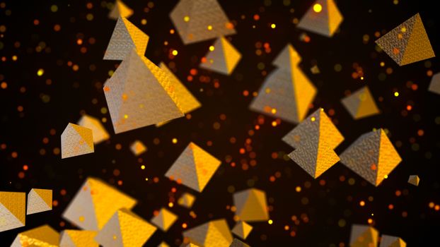 Abstract background with golden pyramids. Digital backdrop. 3d rendering