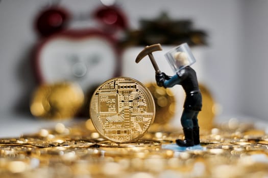 Digital currency physical metal bitcoin coin. Business mining concept.
