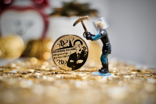 Digital currency physical metal bitcoin coin. Business mining concept.
