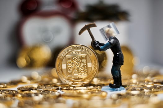Digital currency physical metal bitcoin coin. Business mining concept.