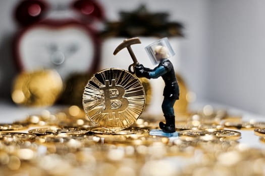 Digital currency physical metal bitcoin coin. Business mining concept.