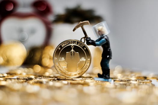 Digital currency physical metal bitcoin coin. Business mining concept.