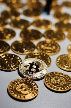 Digital currency physical metal bitcoin coin. Business mining concept.