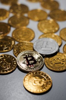Digital currency physical metal bitcoin coin. Business mining concept.
