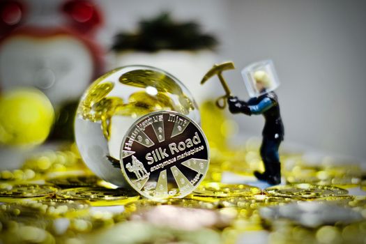 Digital currency physical metal bitcoin coin. Business mining concept.
