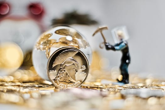 Digital currency physical metal bitcoin coin. Business mining concept.
