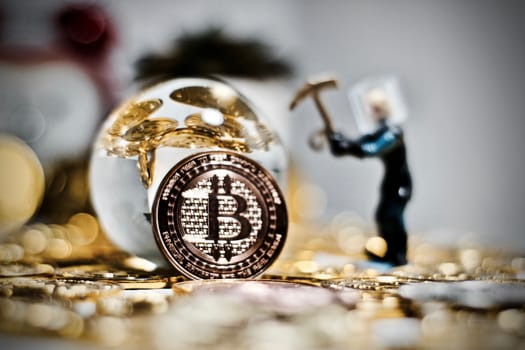 Digital currency physical metal bitcoin coin. Business mining concept.