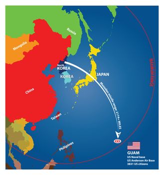 North Korea Musudan missile range infographic. Color vector illustration.