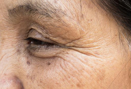 Closeup face wrinkle old women, aging and skin care concept