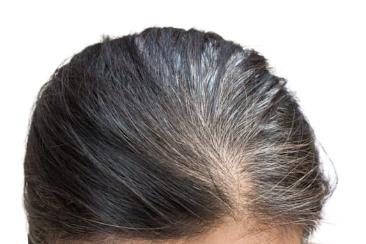 Closeup grey hair old woman with white background