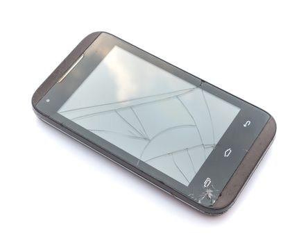 Broken on screen smart phone with white background
