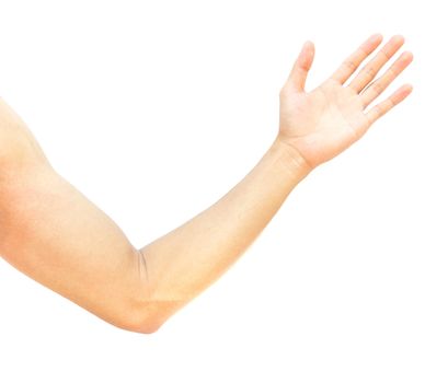 Man show arm and hand on white background, health care concept