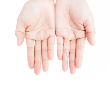 Woman hands praying on white background, religion concept
