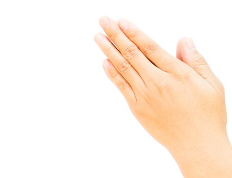 Woman hands praying on white background, religion concept