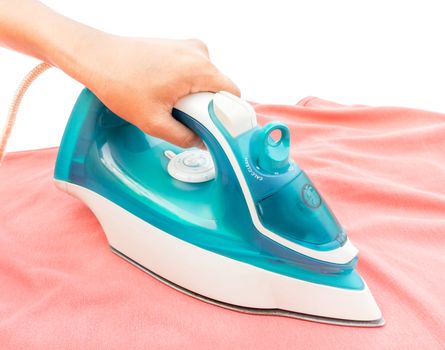 Woman ironing with red clothes