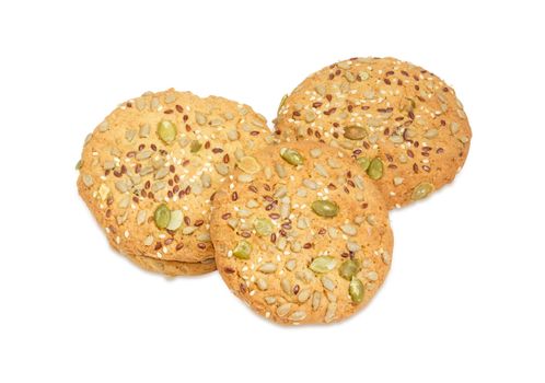 Savory cookies sprinkled with sesame seeds, flax seeds, pumpkin seeds and sunflower on a white background

