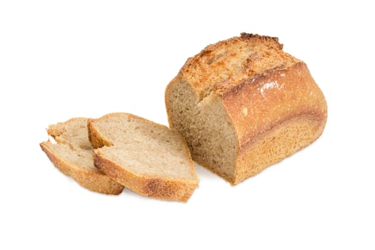 Partially cut loaf and two slices of the wheat sourdough bread on a white background
