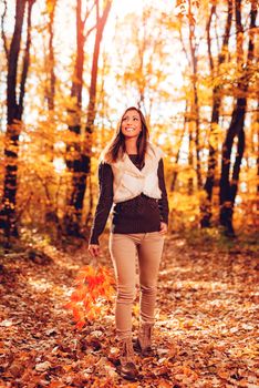 Beautiful young smiling woman walking in sunny forest in autumn colors.