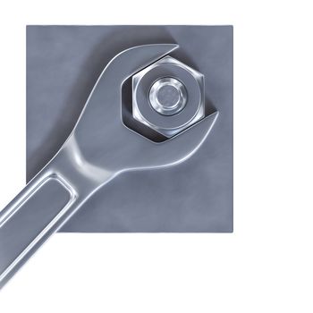 3d illustration of a hexagon nut with a wrench