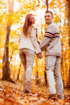 Beautiful smiling couple walking in sunny forest in autumn colors. Looking at camera, rear vew.