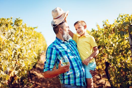 Beautiful smiling father and his cute son having fun at a vineyard.