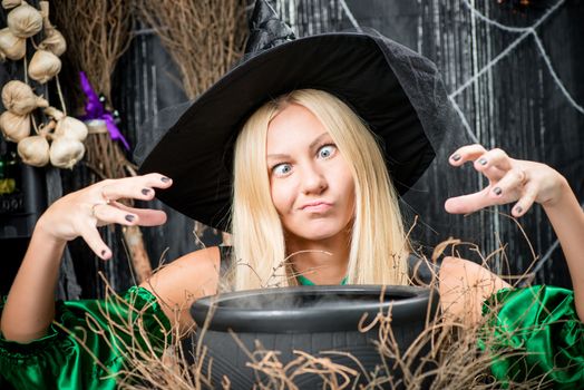 emotional cute witch cooking a potion in a cauldron