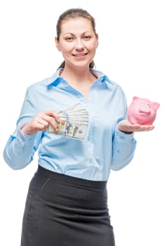 Businesswoman with money and piggy bank on white background isolated