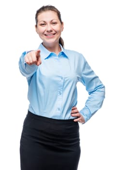 young brunette woman in a blue shirt chooses you!