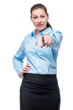 Businesswoman successful and young posing against white background in studio